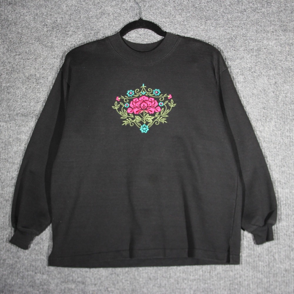 Vintage Active Elements Flower Sweatshirt‎ Womens M Black Grandpacore 90s